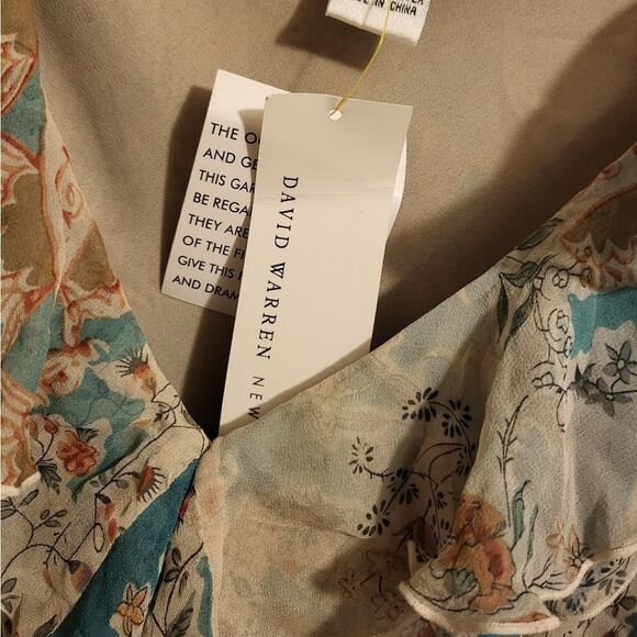 NWT David Warren Chiffon Dress Womens Teal & Cream Floral Lined Ruffle V-Neck - Picture 6 of 7